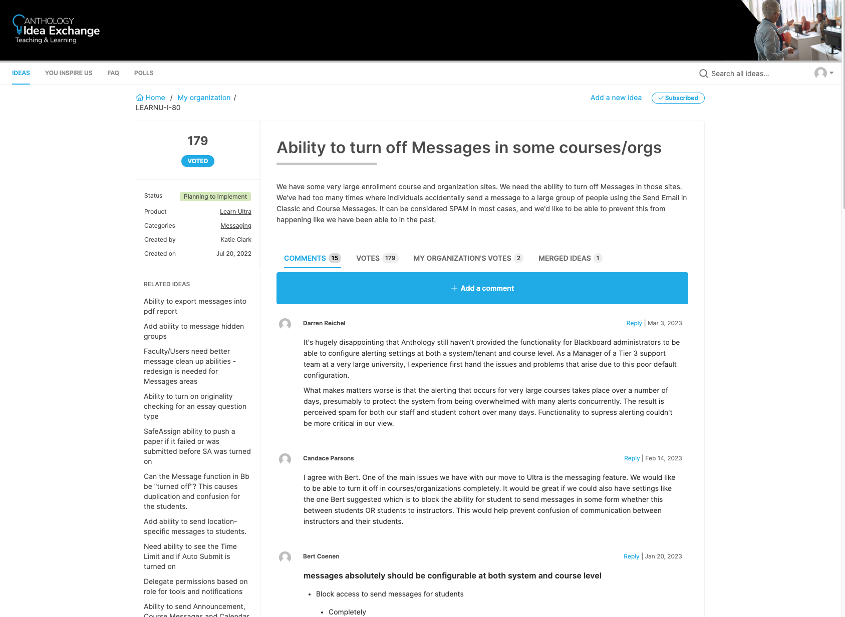 Example of suggestion submitted to Idea Exchange