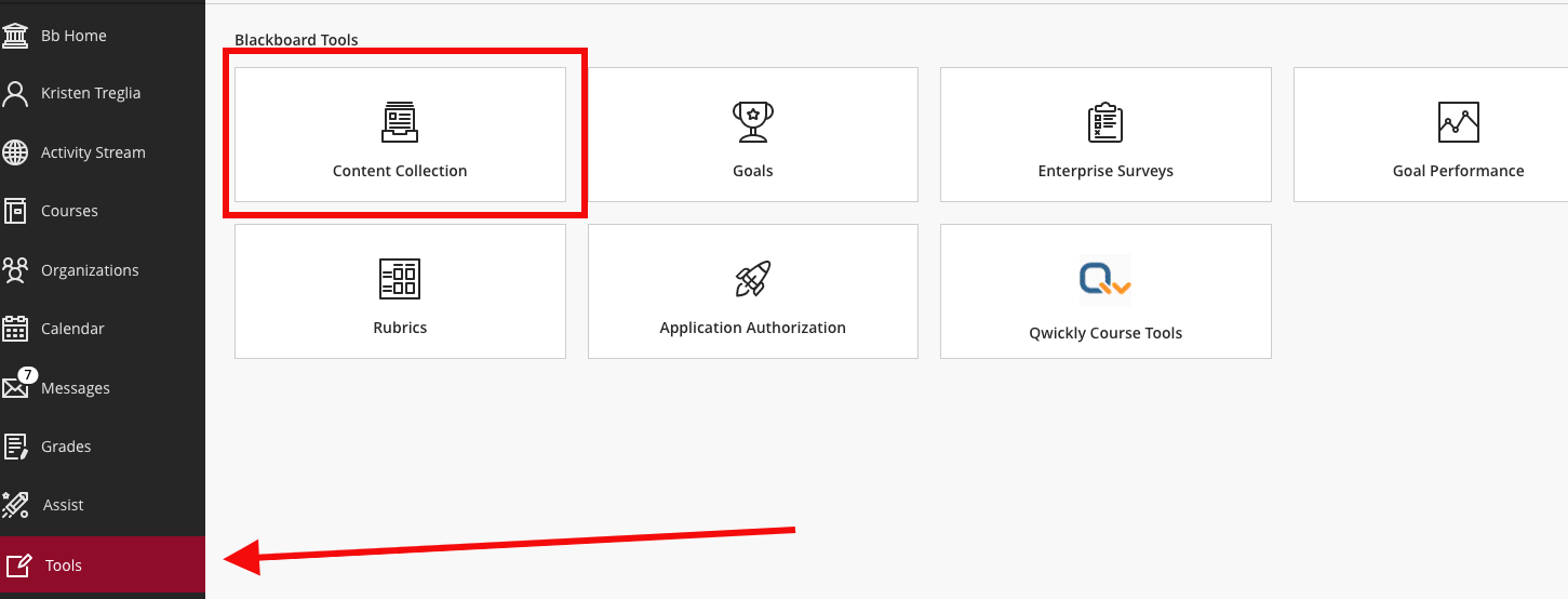 Base navigation then click on Tools and then Content Collection