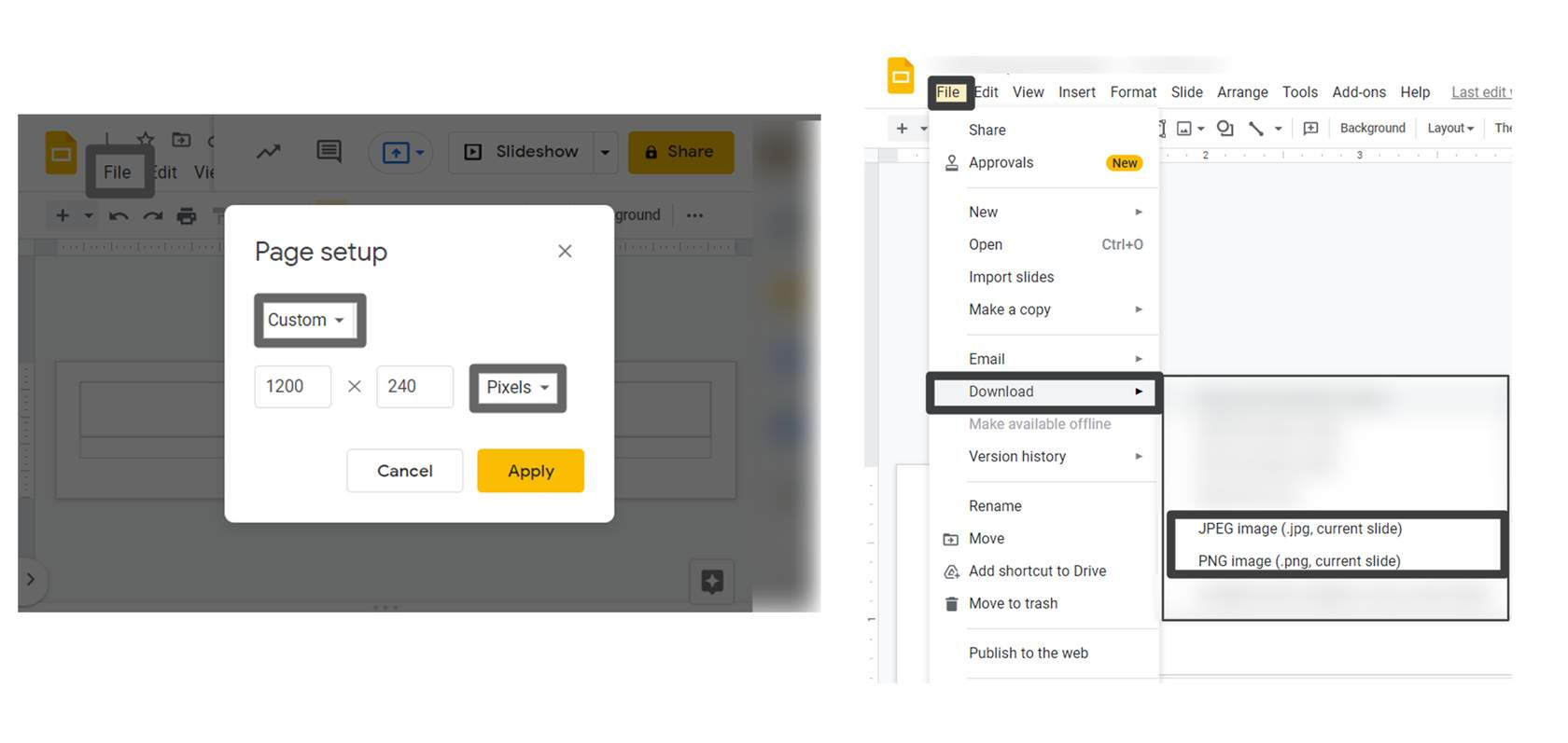 Page setup menu for Google Slides