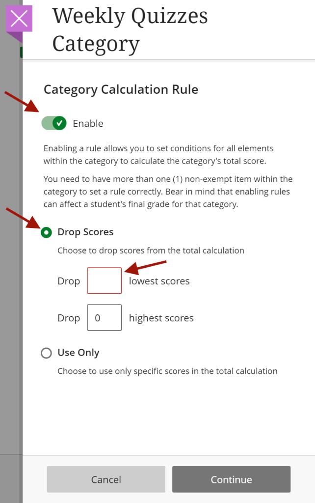 edit calculation rule options to drop lowest or highest score
