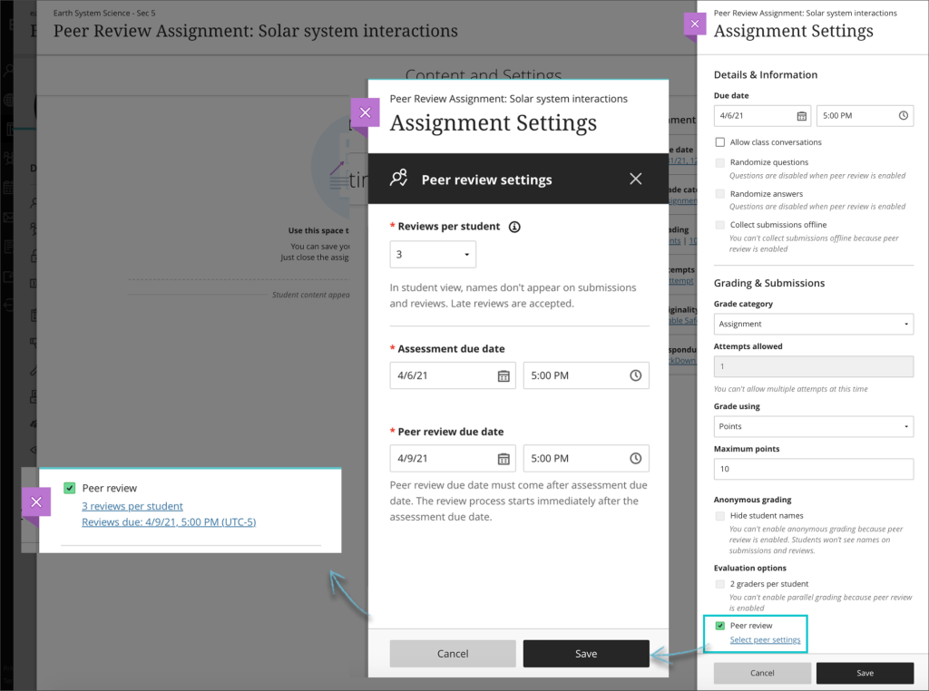 peer review assessment screenshot: assignment settings