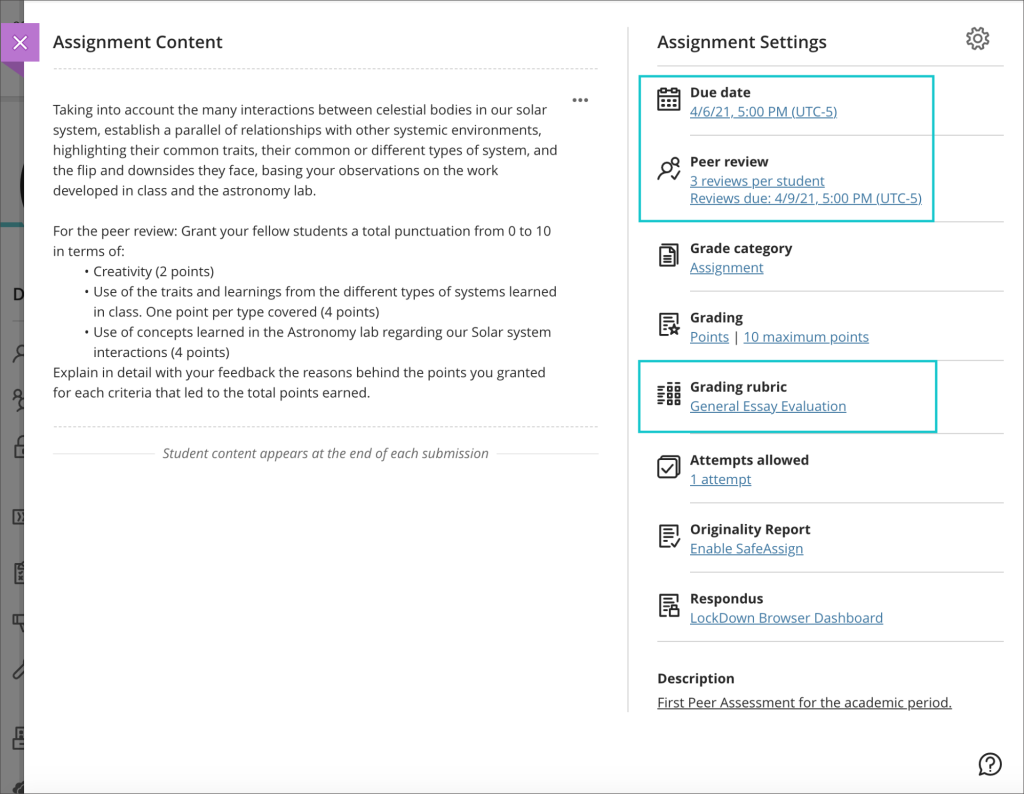 peer review assessment screenshot: settings screenshot