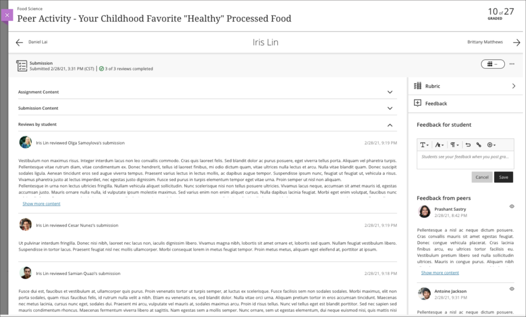 peer review assessment screenshot: in the gradebook