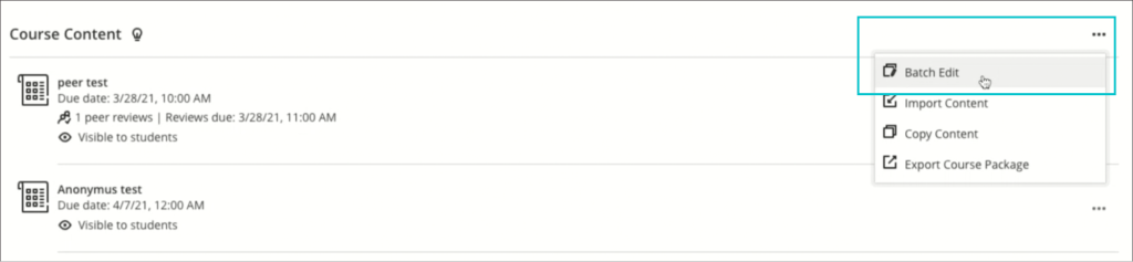 peer review assessment screenshot: batch edit due dates