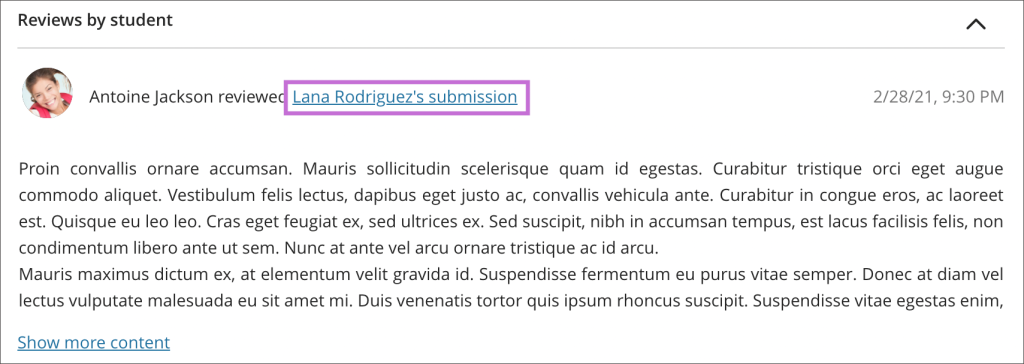 peer review assessment screenshot: submission linking