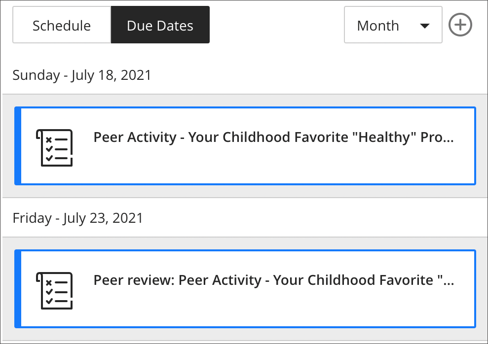 peer review assessment screenshot: calendar
