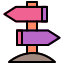 A pink and purple arrow diverging in multiple directions, symbolizing choices and possibilities.