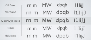 OpenDyslexic font has unique font shapes and heavy weighted bottoms to indicate direction