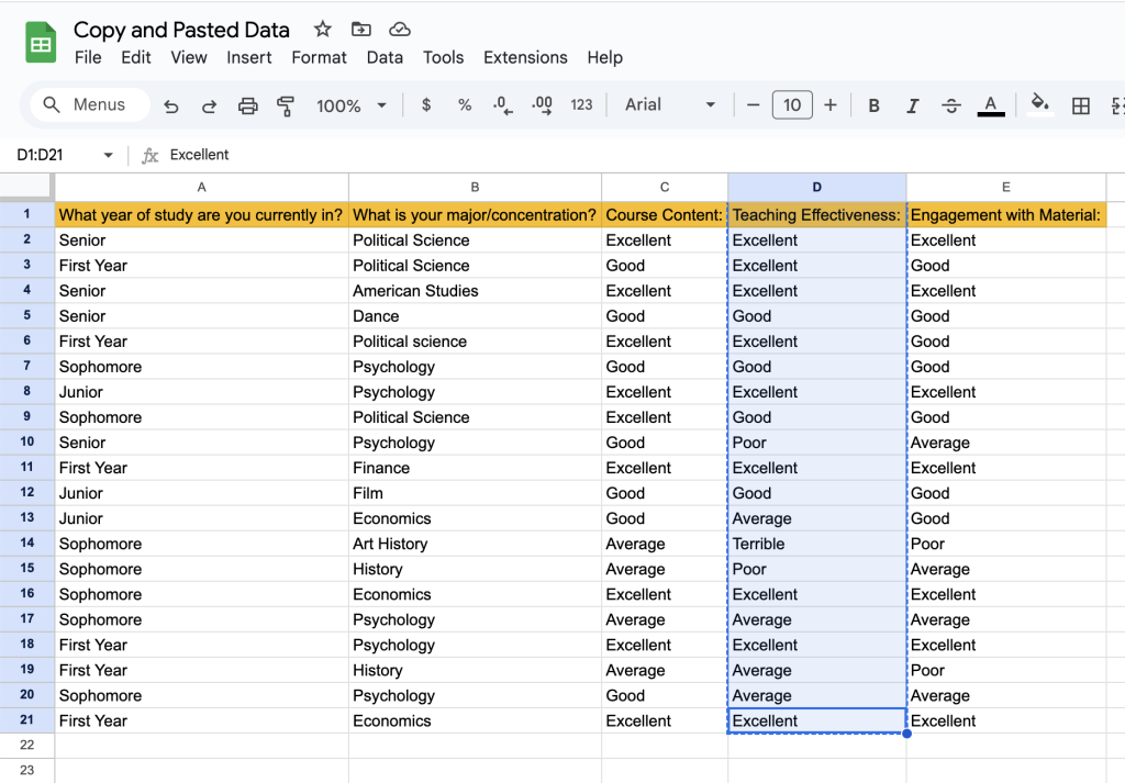 screenshot with specific column of spreadsheet selected
