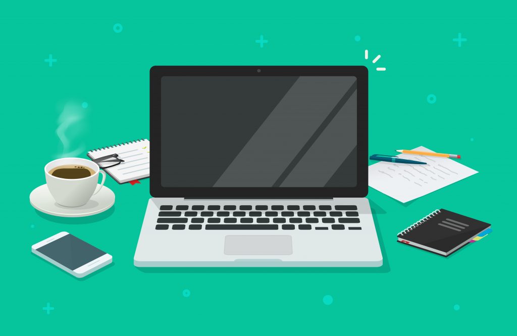 Laptop surrounded by coffee cup, phone, notebooks