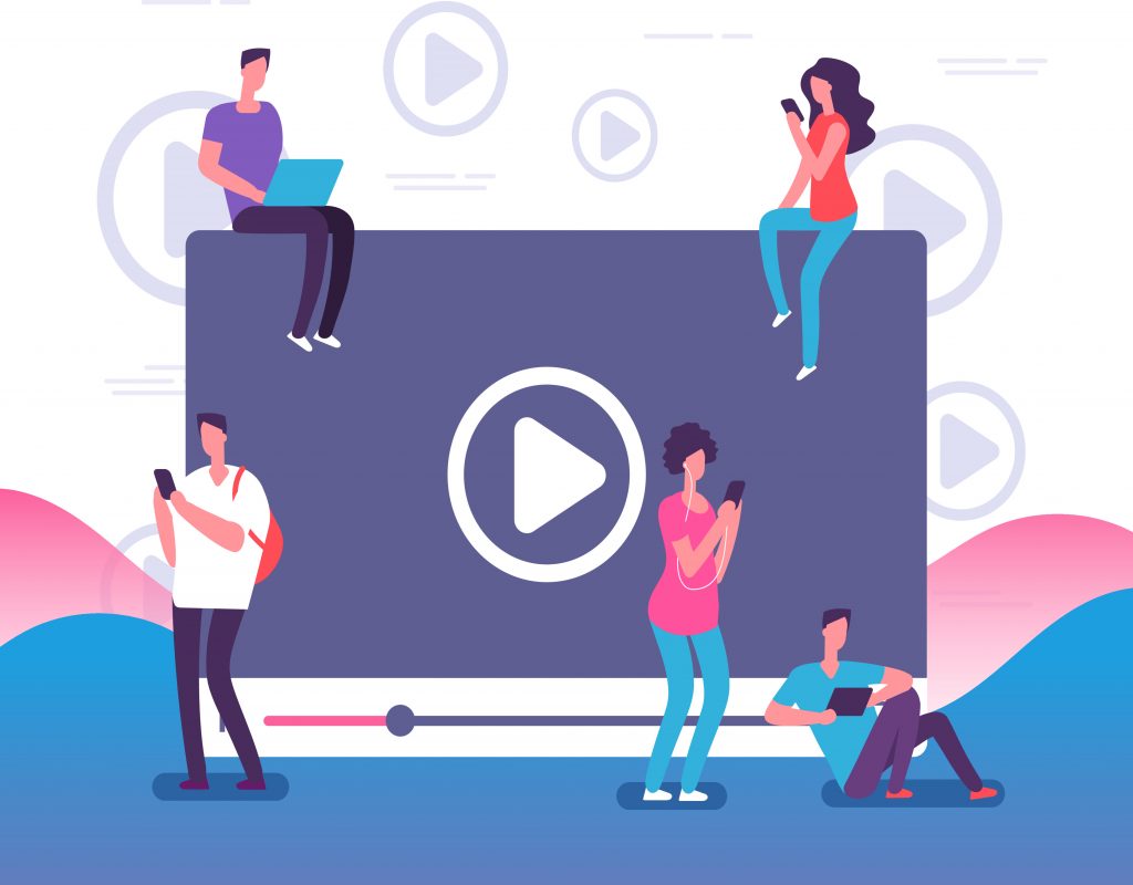 People watching online video. Digital internet television, web videos player or social media live stream vector concept illustration. Online video stream, play and watching movie