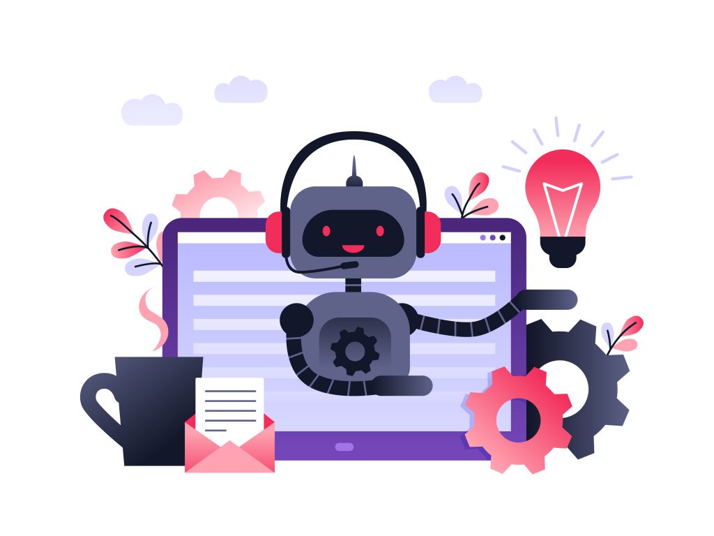 Chatbot business concept. Modern banner for the site. Chatbot, artificial intelligence, customer support, hotline with bot. Ultra violet flat vector illustration with computer on desk.