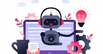 Chatbot business concept. Modern banner for the site. Chatbot, artificial intelligence, customer support, hotline with bot. Ultra violet flat vector illustration with computer on desk.