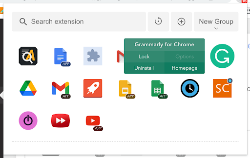 Caption: Extensions Manager shows you a complete list of your extensions. Click on an extension for more options.